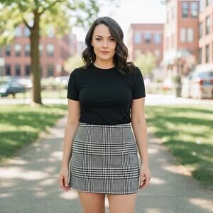 H&M Houndstooth Wool Blend High Rise Mini Skirt Brown Black Plaid Womens Size 8